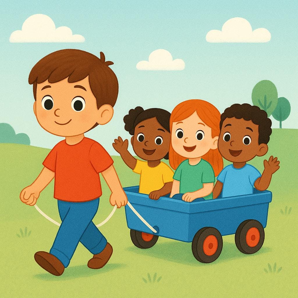 Un enfant joyeux portant une chemise rouge tire une petite brouette bleue. Trois enfants plus petits et souriants sont assis confortablement dans la brouette, étant transportés.