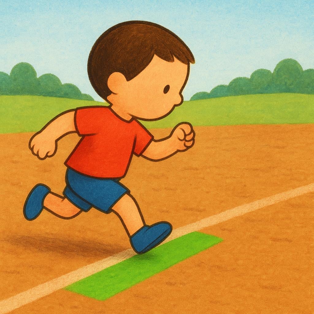 A small figure steps over a bright green starting line on a dirt track, beginning a race or journey, symbolizing the start of a general action.