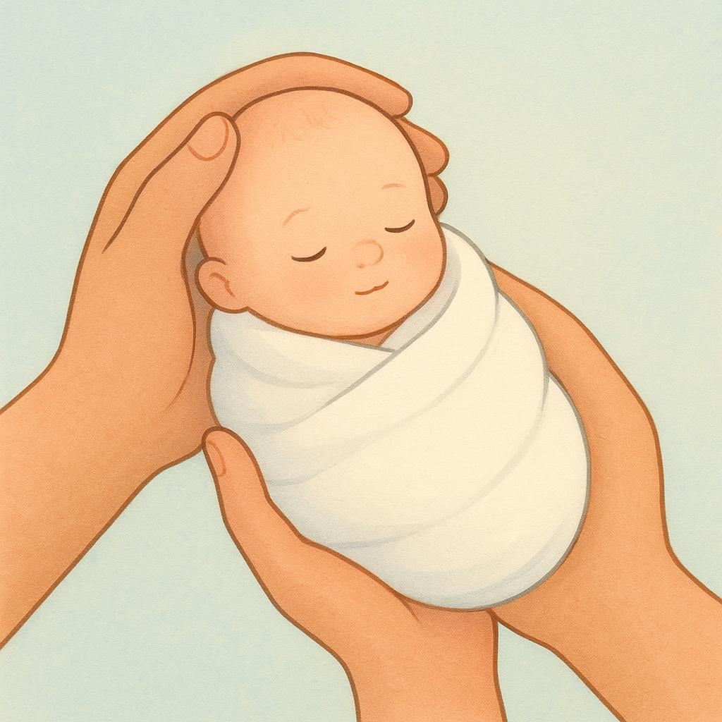 A tiny newborn baby wrapped in a soft white blanket, being held gently by two large adult hands.