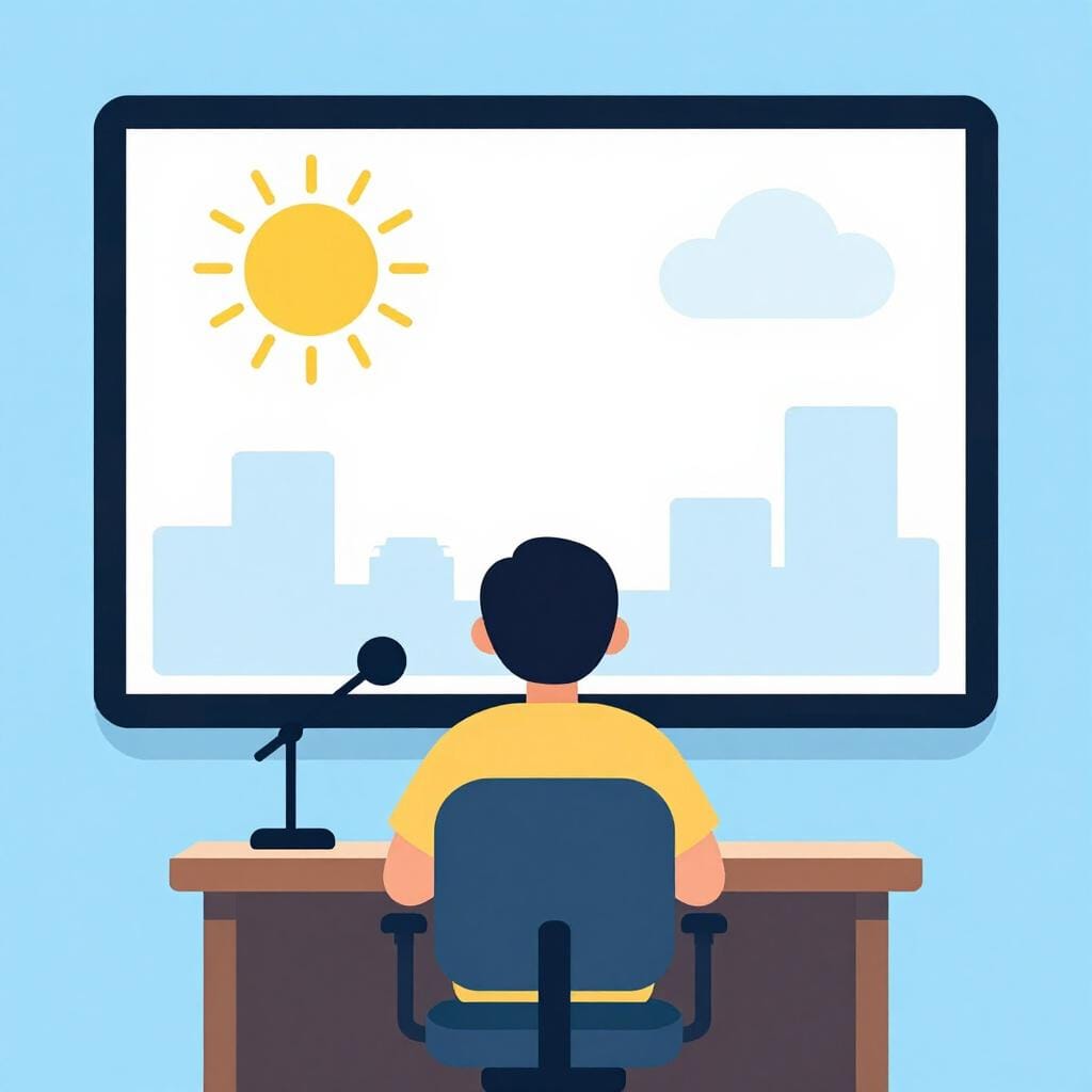 A news anchor sitting behind a desk with a large screen behind them showing a weather icon and a city skyline.