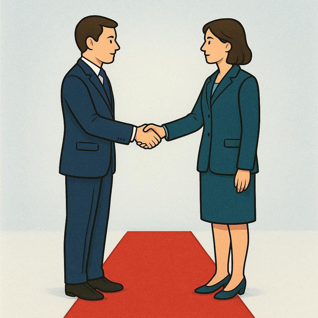 A high quality storybook illustration showing two formal figures, a man and a woman, standing symmetrically on a red carpet, performing a highly structured and formal handshake, emphasizing strict adherence to official etiquette.