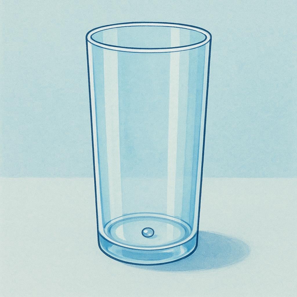 A tall, clear drinking glass standing on a surface, containing only a single drop of water at the bottom, symbolizing a resource being used up.
