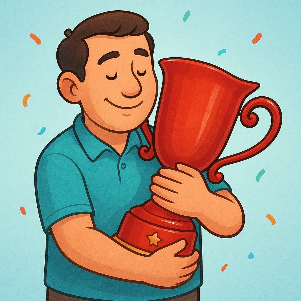 A man firmly gripping a large, unique red trophy with a protective and proud expression, emphasizing that it belongs only to him.