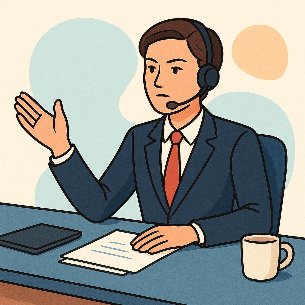 A professionally dressed person sitting at a large desk, gesturing confidently while talking into a headset microphone.