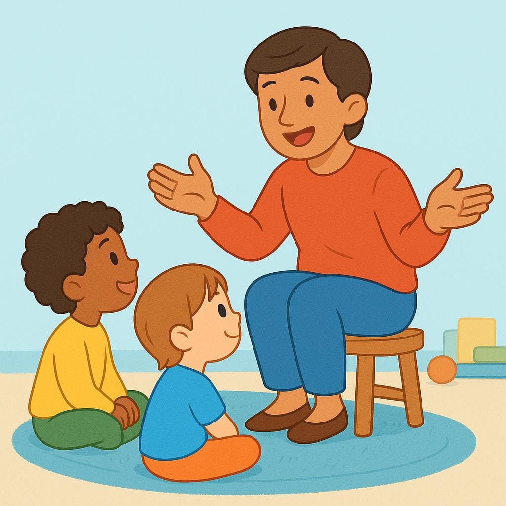 An adult is telling an animated story to two young children who are listening closely, depicting narration.
