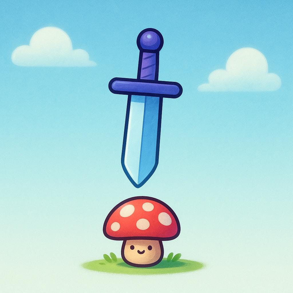A brightly colored cartoon sword hanging suspended above a small mushroom, illustrating the hypothetical action of 'would kill'.