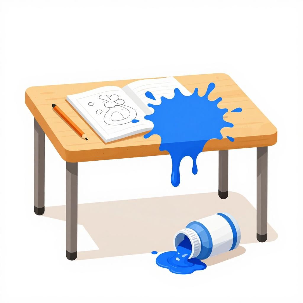 Un dessin d'enfant avec des gribouillis désordonnés en dehors des lignes et une bouteille de peinture renversée à proximité.