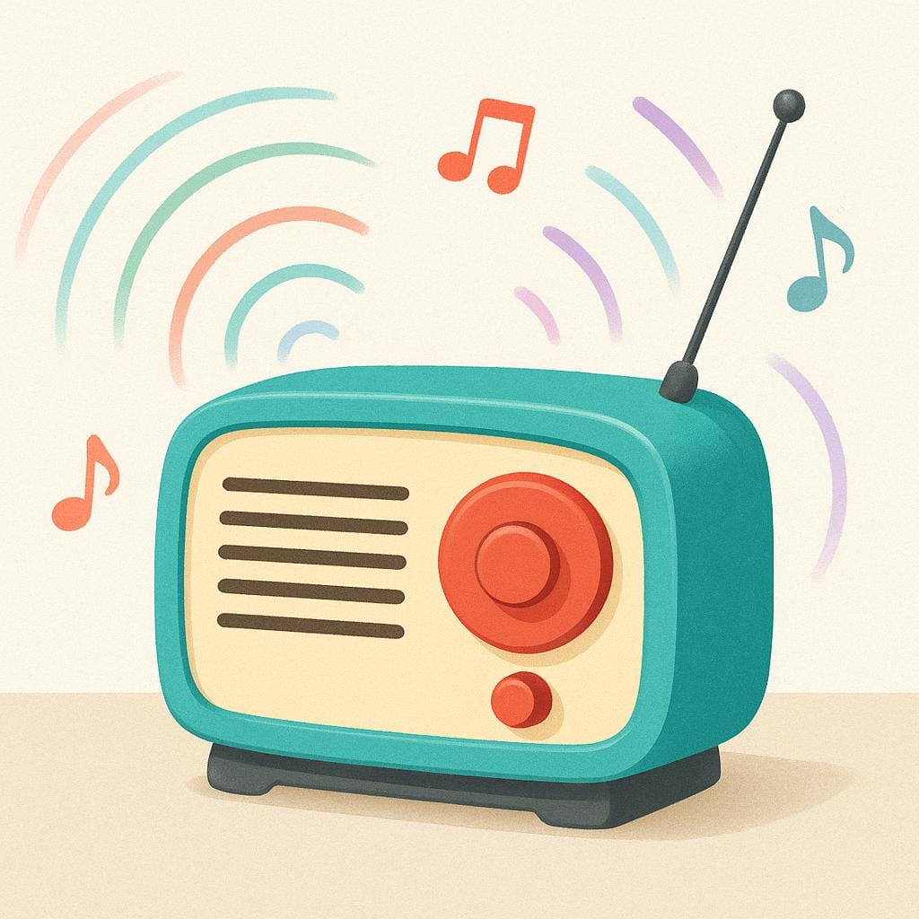 A colorful, simple illustration of a retro portable radio playing music.