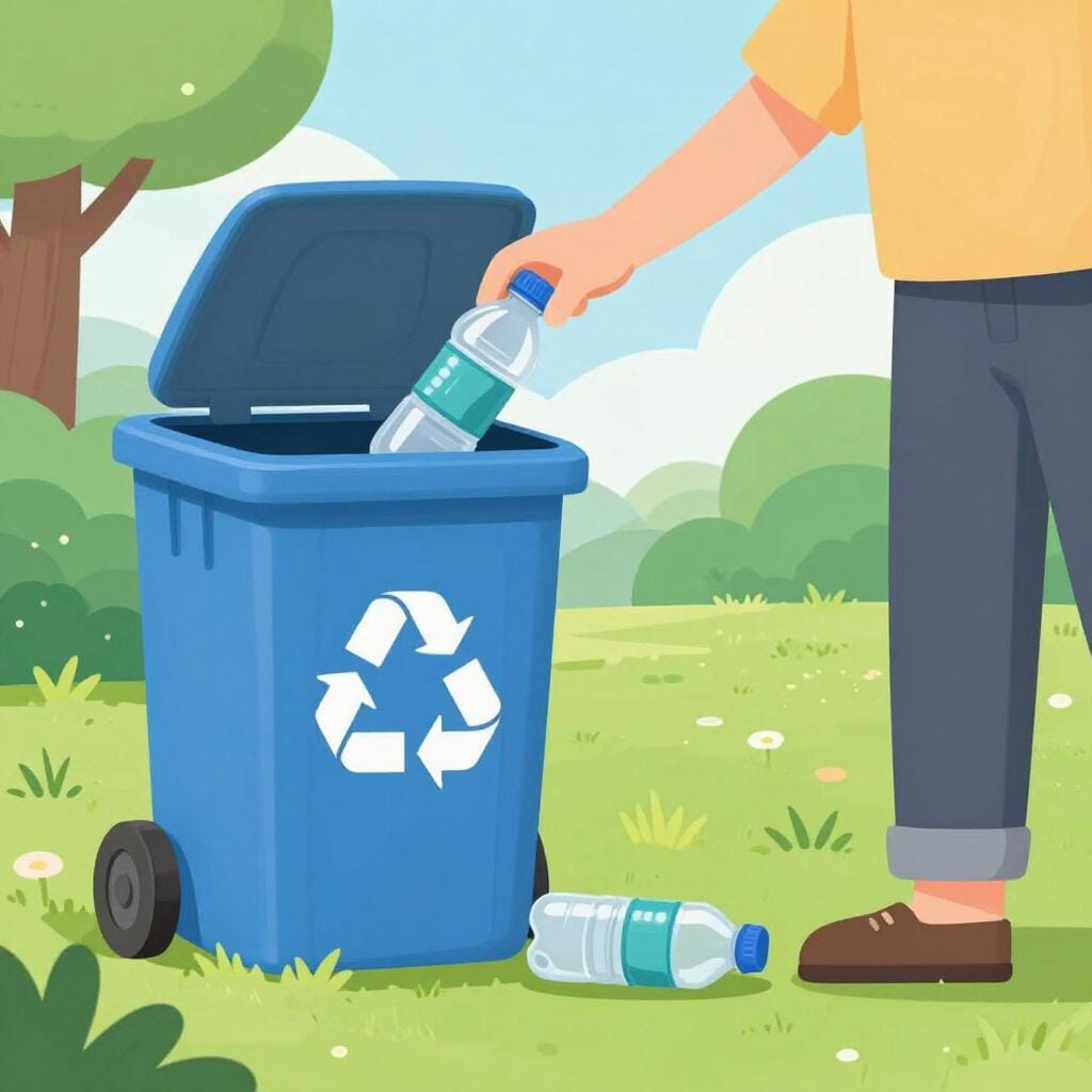 A person in a bright shirt happily picking up litter in a green park and putting it into a recycling bin.