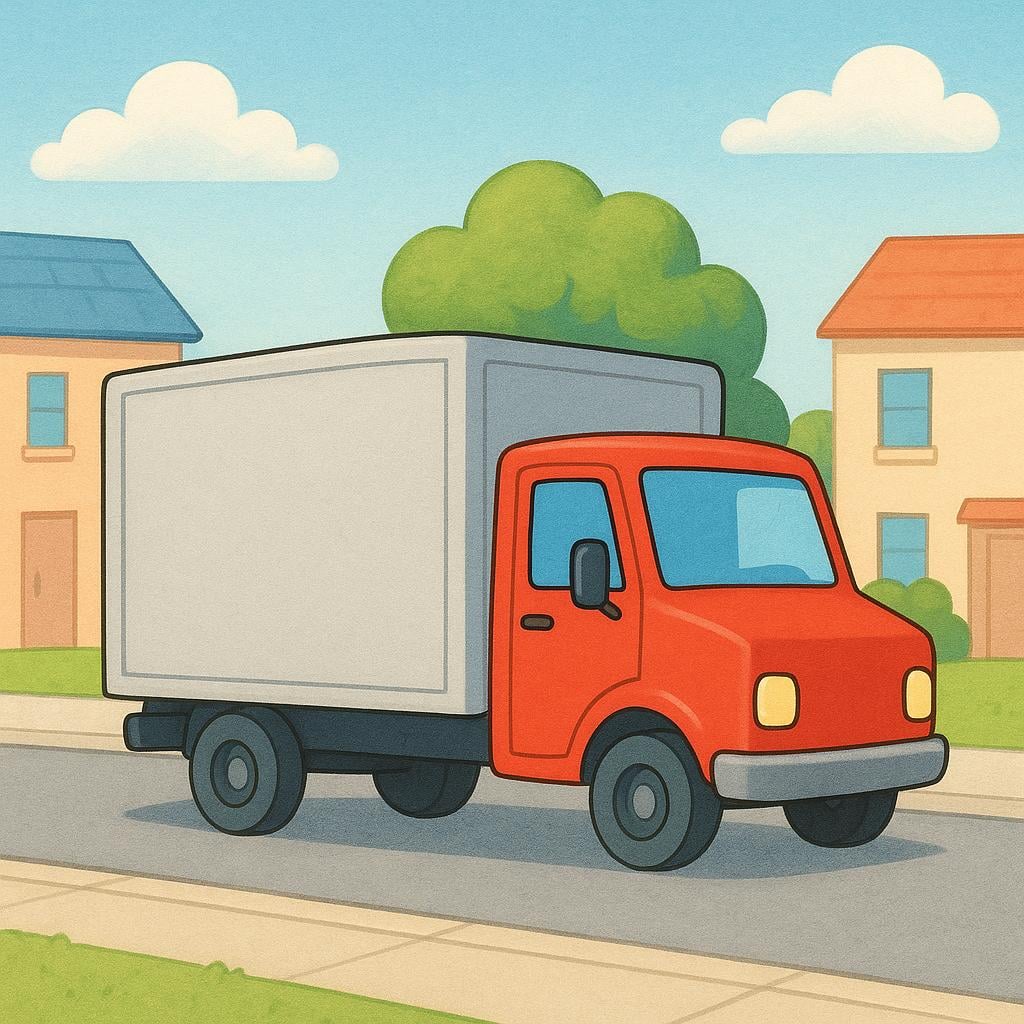 A large, simple red delivery truck with a rectangular cargo box, parked on a sunny street, illustrating a vehicle for transporting goods.