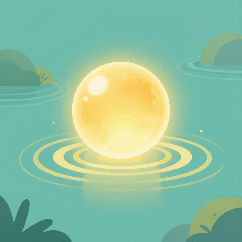 平和な庭園で、柔らかいエネルギー波を放つ輝く金色の光の球。