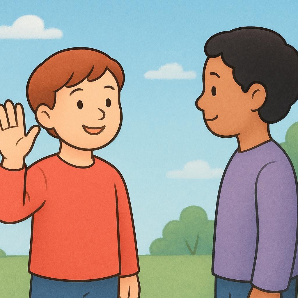 A friendly child standing outdoors and raising one hand in a clear waving gesture towards another person.