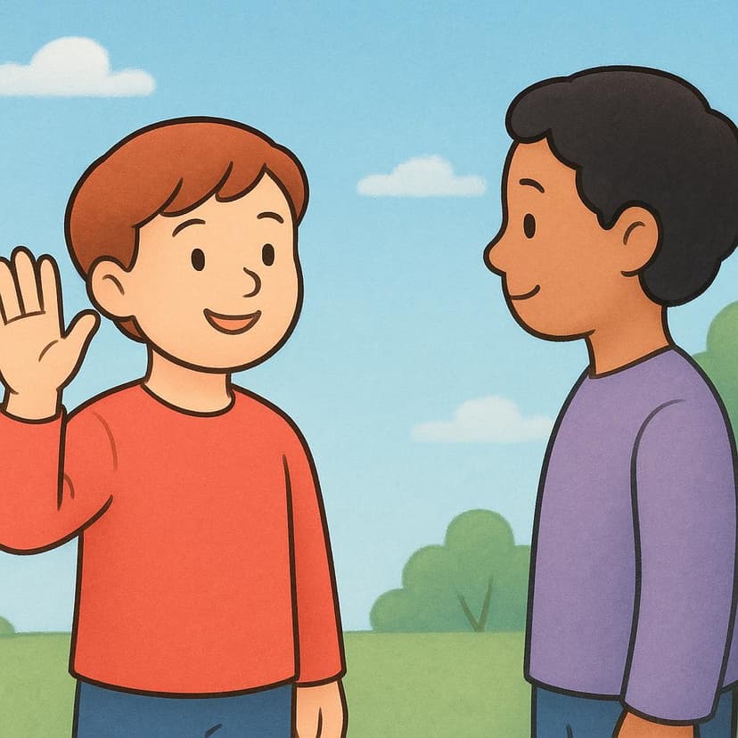 A friendly child standing outdoors and raising one hand in a clear waving gesture towards another person.