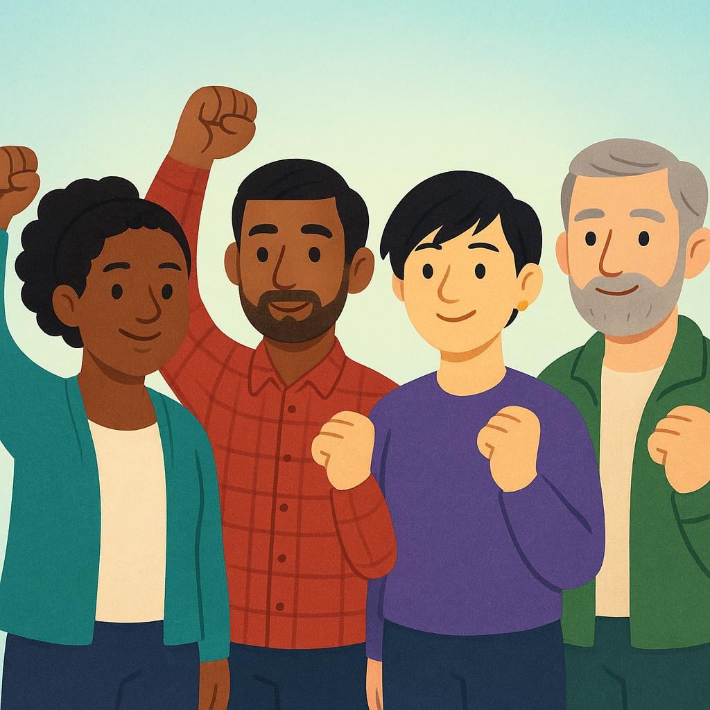 A diverse group of four cartoon people standing shoulder to shoulder, raising their fists in a gesture of collective strength and association.