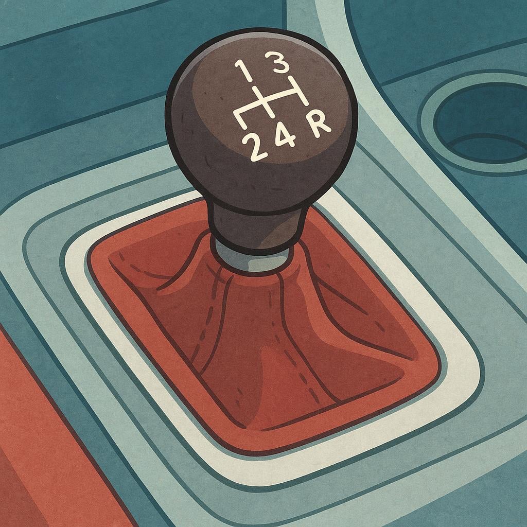 A close-up of a manual car gear shift lever positioned in the second gear slot.