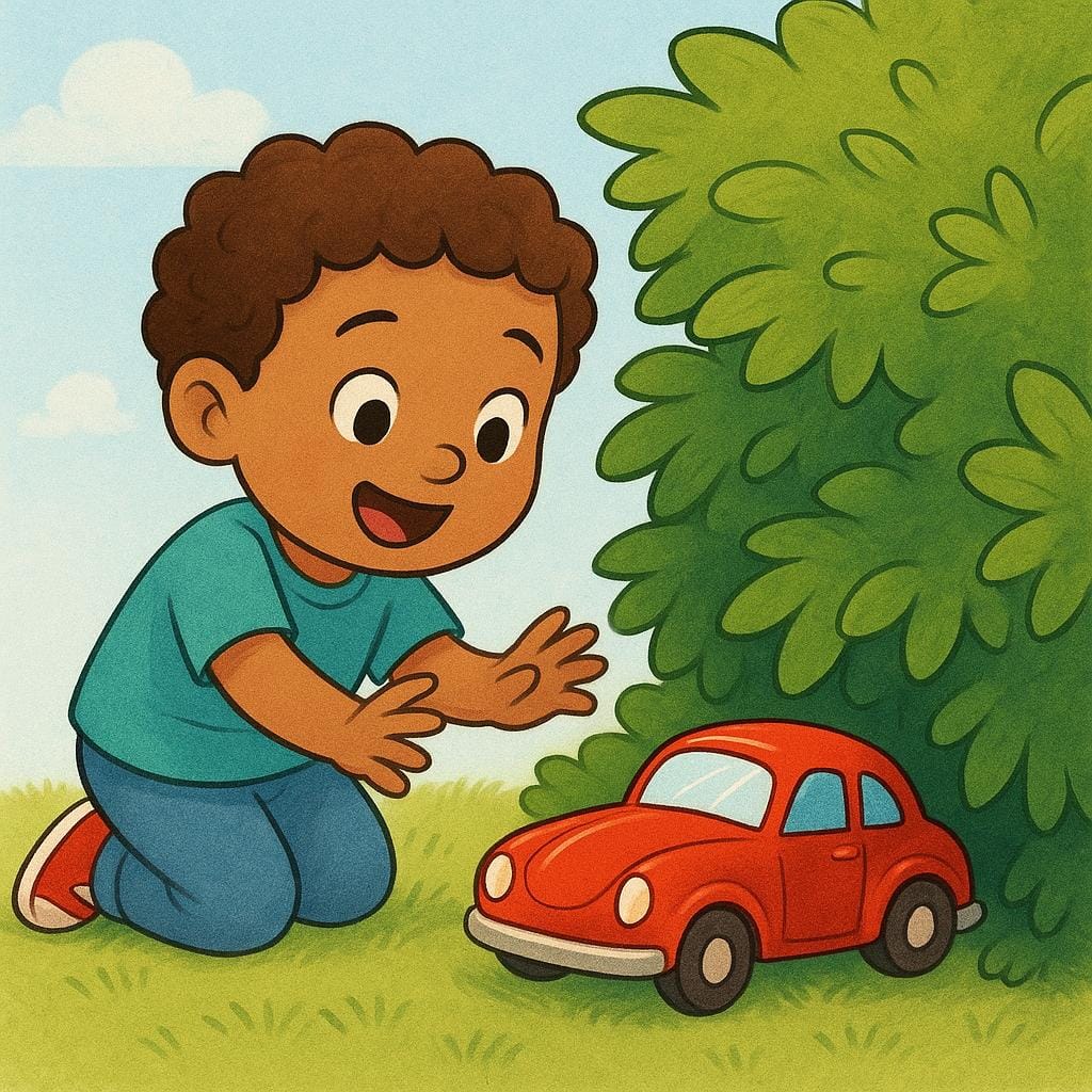 A child smiling after finding a lost red toy car hidden under a green bush.