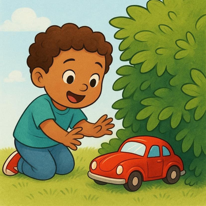 A child smiling after finding a lost red toy car hidden under a green bush.