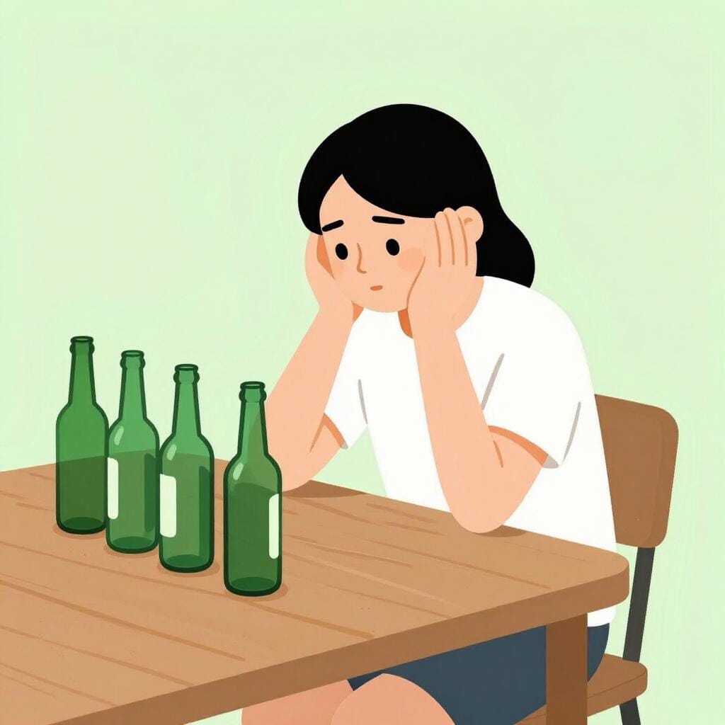 テーブルの上に空のグラスボトルがいくつかあり、よろめいている様子でスツールに座っている人。