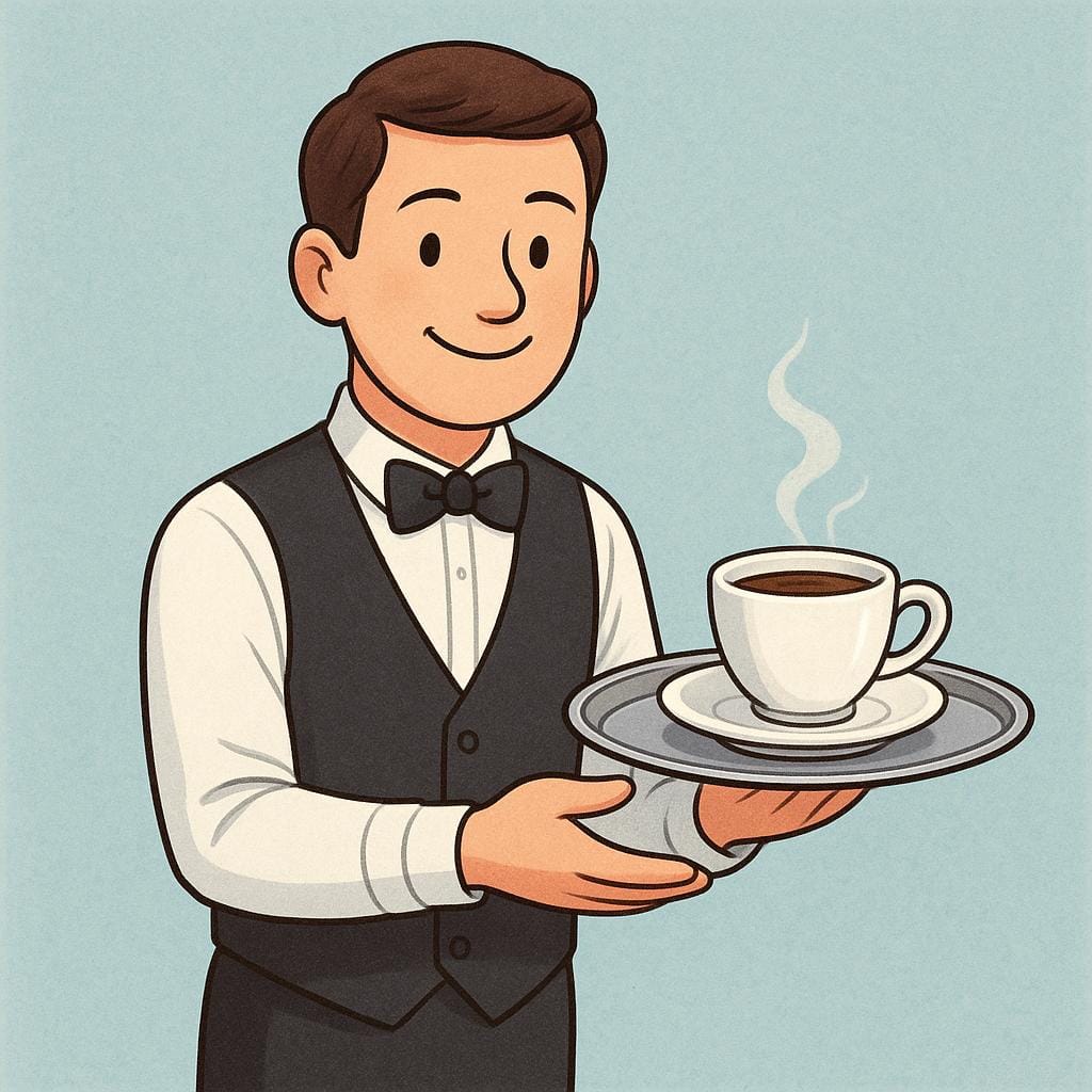Un serveur souriant en uniforme propre tenant un plateau argenté avec une seule tasse de café, l'offrant poliment à un client.