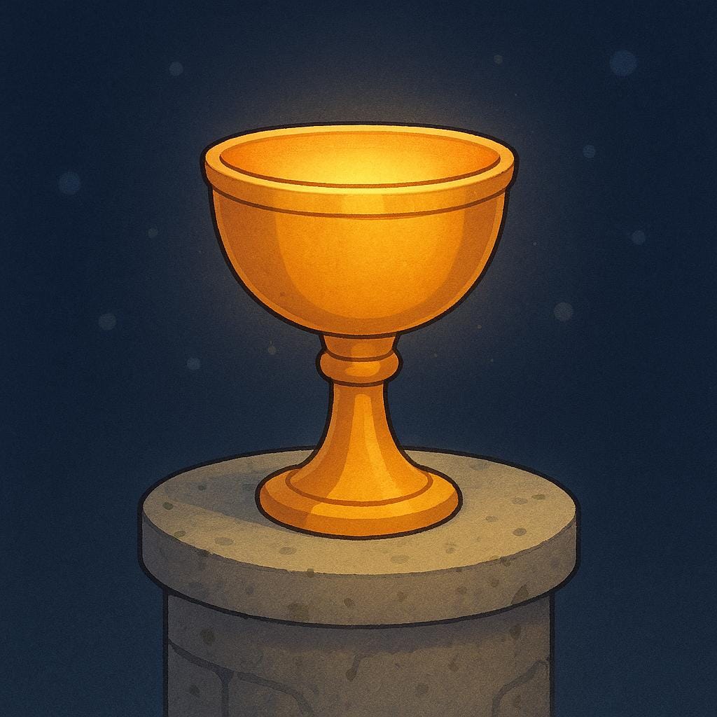 A single, simple golden chalice, glowing softly with divine light, resting on a stone pedestal in a serene setting, symbolizing something sacred.