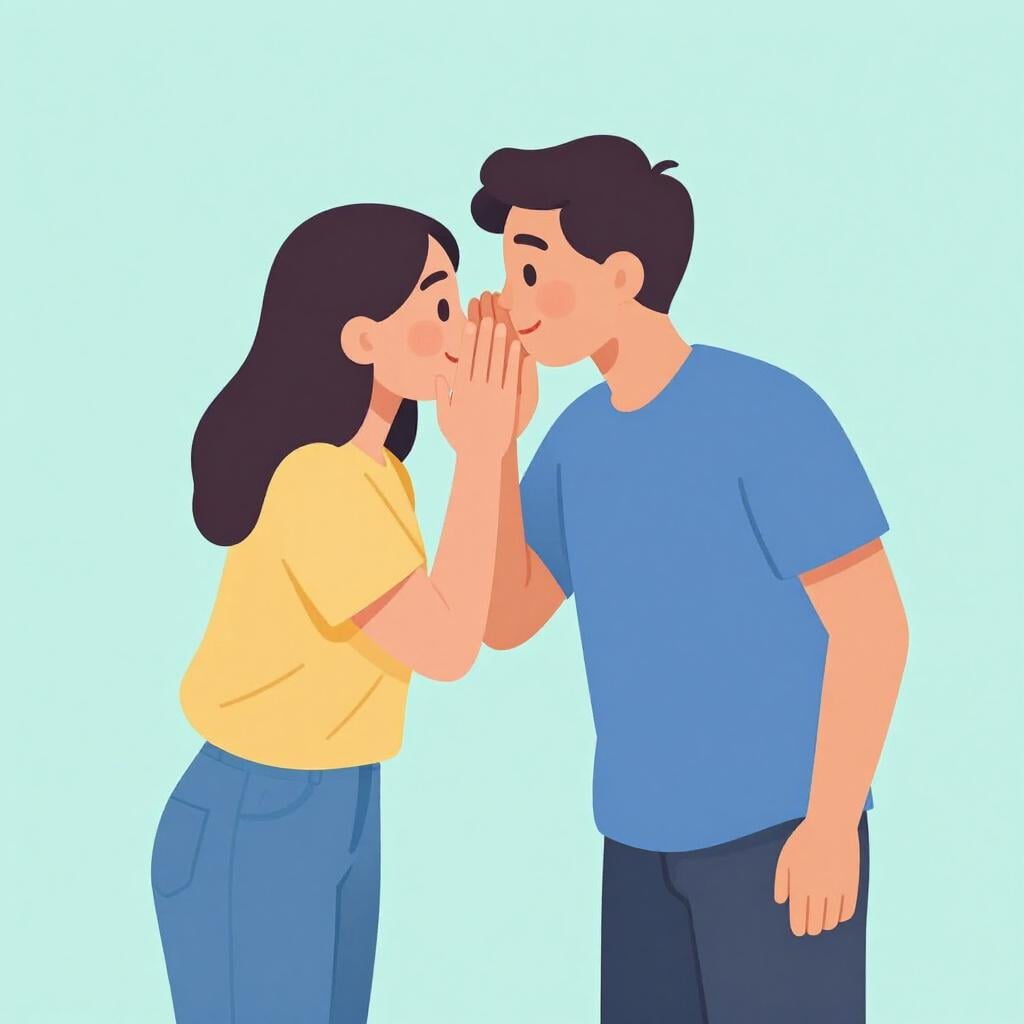 One person leaning in to speak softly into another person's ear.