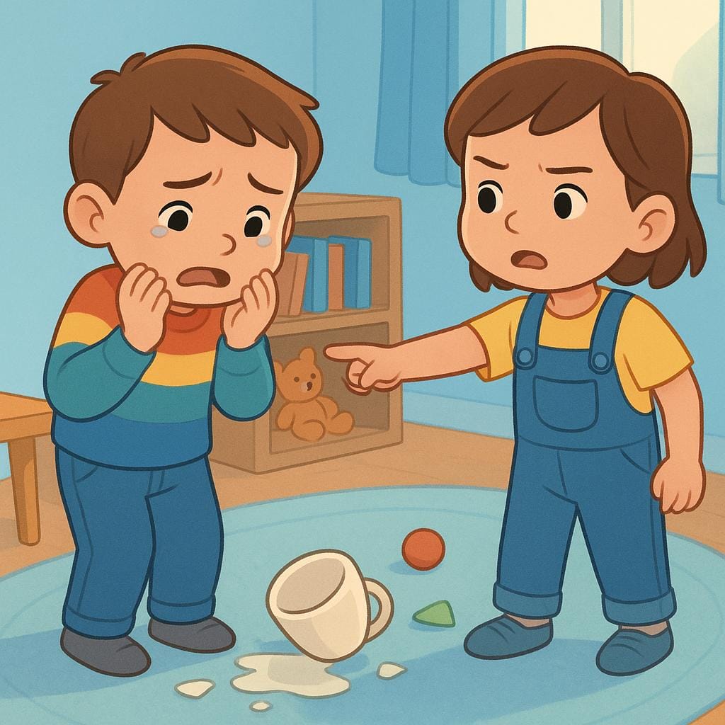 A storybook illustration of one child standing next to a broken vase, pointing at a second child who looks guilty and upset, illustrating being put into trouble.