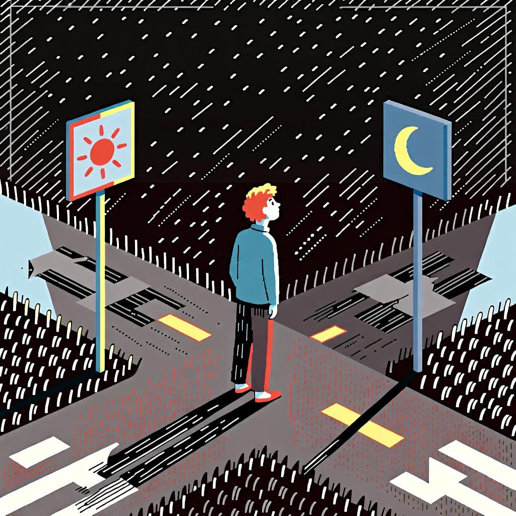 Een persoon die op een kruispunt staat en kiest tussen een pad dat naar een zon-icoon leidt en een ander dat naar een maan-icoon leidt, wat een keuze vertegenwoordigt.