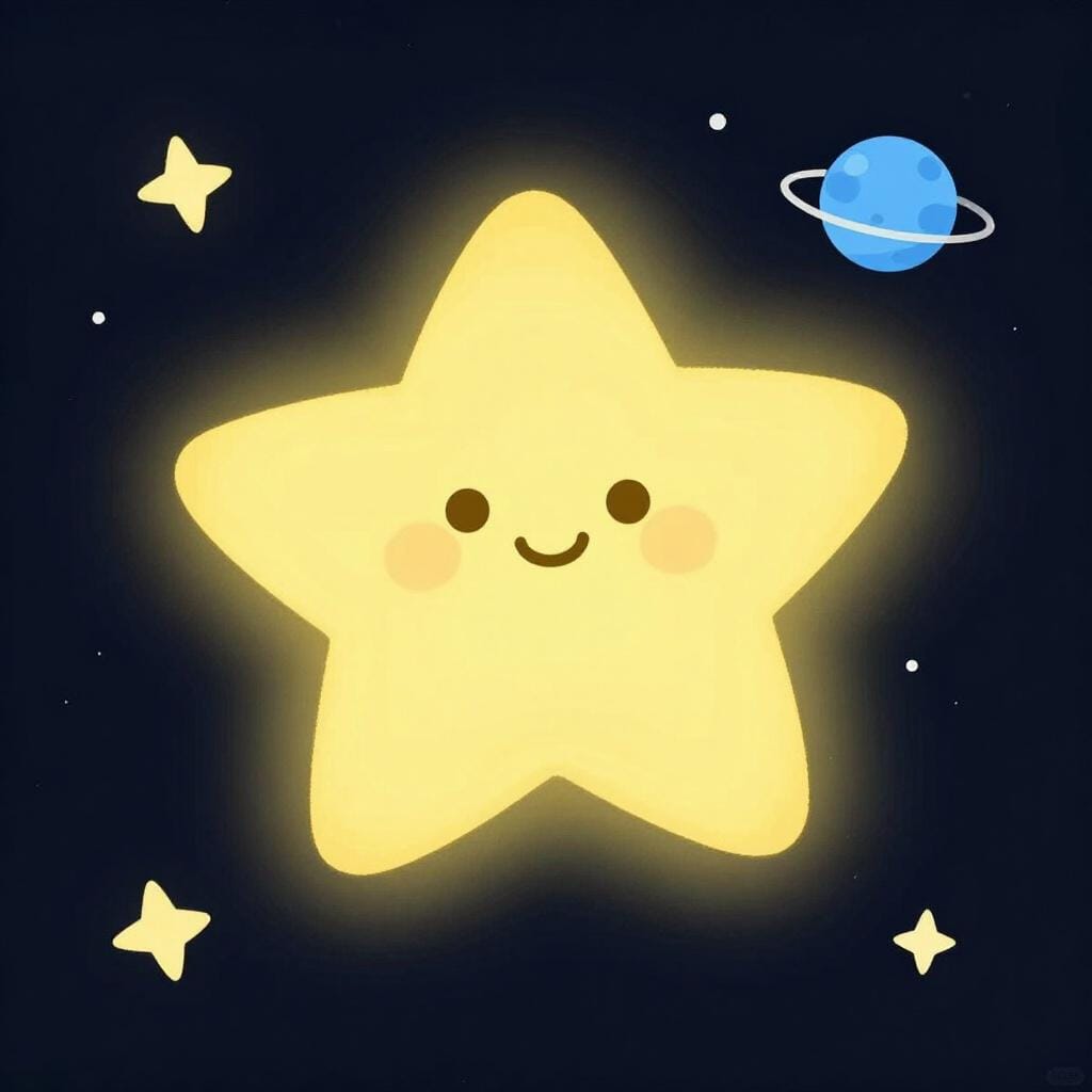 A bright glowing yellow sun against a dark blue sky filled with distant twinkling stars.