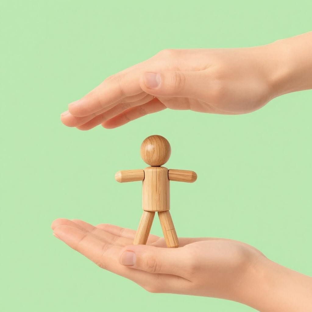A small wooden figure being moved by a large pair of hands in the sky.