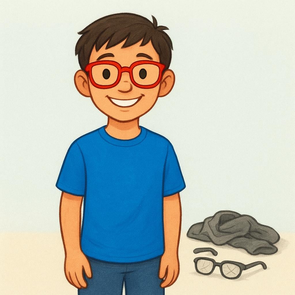 A young person stands proudly, having changed their appearance. They are wearing a vibrant blue shirt and new red glasses. Beside their feet lies a pile of old, dull gray clothes and broken glasses, symbolizing the previous state.