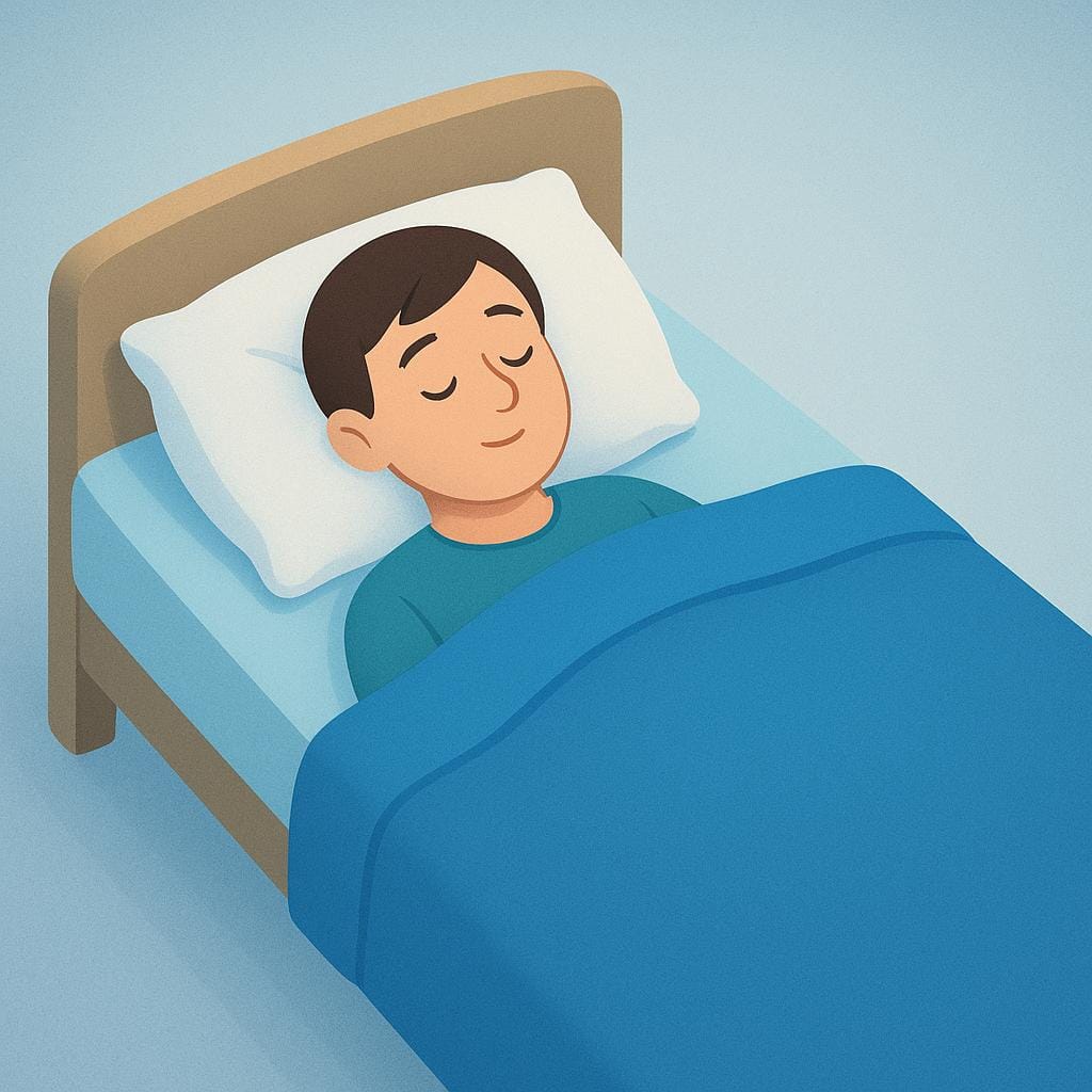 A person lying completely still and peacefully asleep in a simple bed, covered by a blue blanket, suggesting deep unconsciousness.