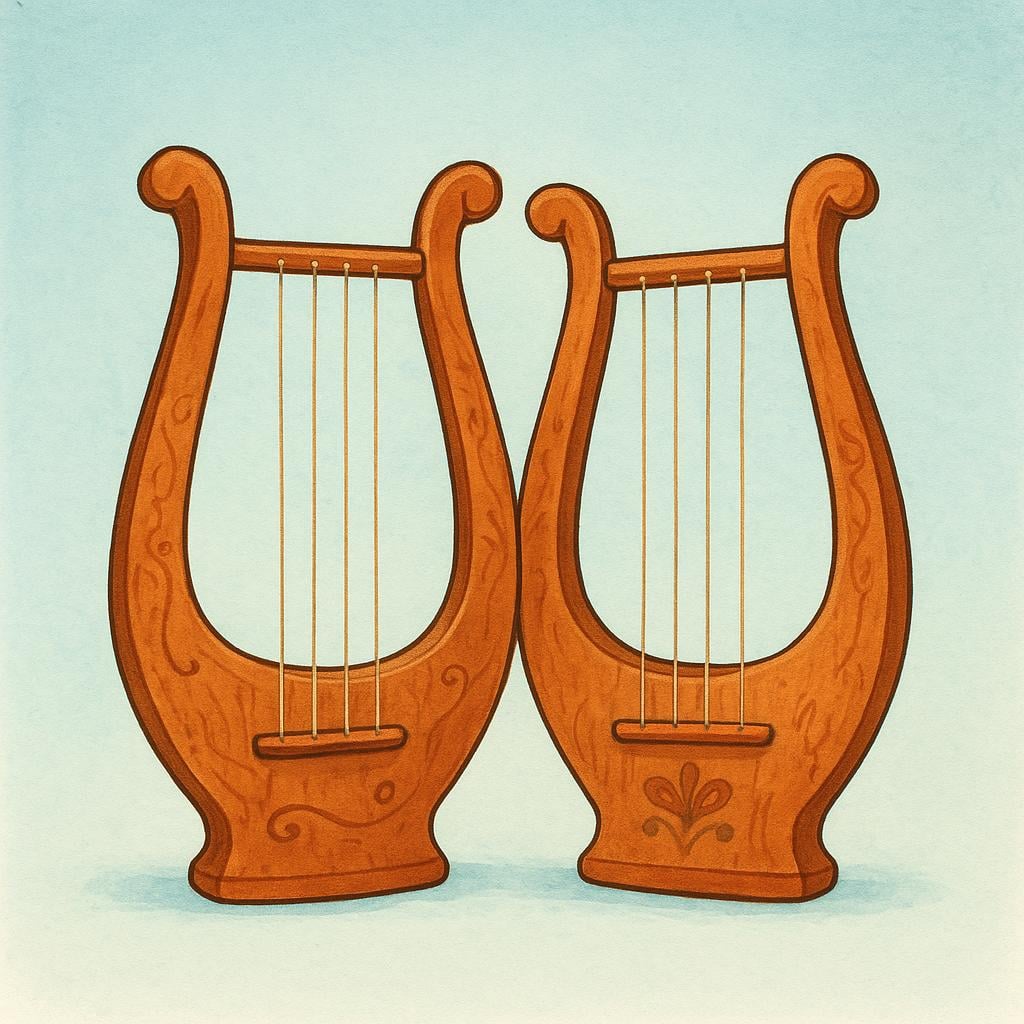 Zwei antike, U-förmige hölzerne Leiern mit mehreren darüber gespannten Saiten.
