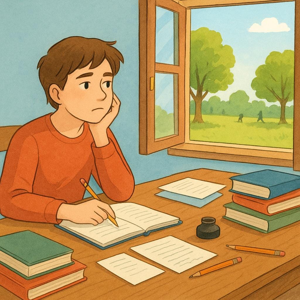 Un jeune assis à un bureau couvert de livres et de papiers, écrivant assidûment, tout en regardant avec envie une fenêtre ouverte et ensoleillée montrant un parc dehors.