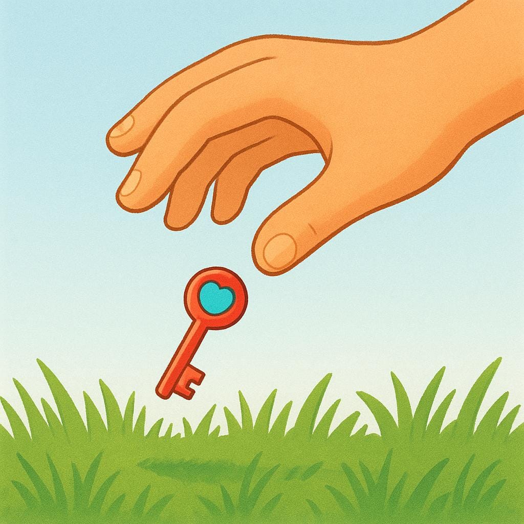 A close-up view of a hand accidentally dropping a shiny gold key onto bright green grass.