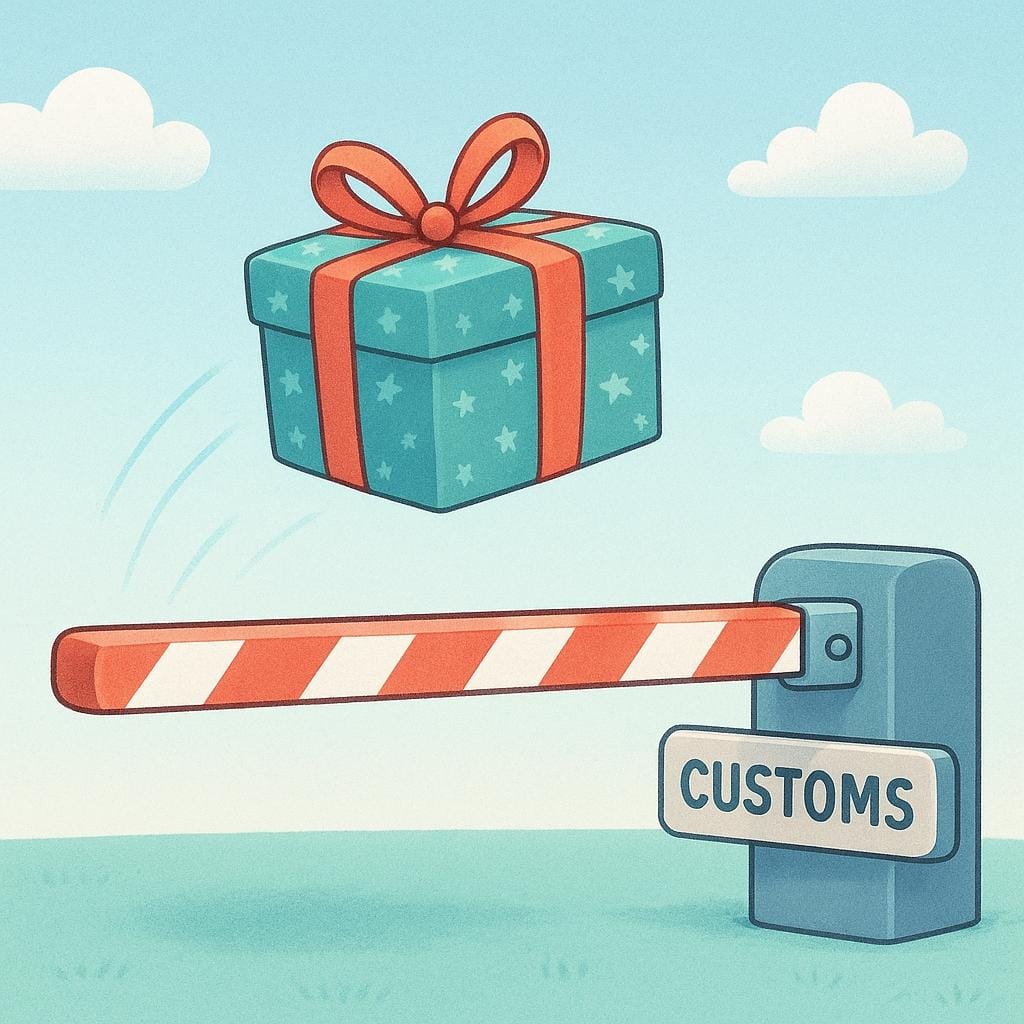 A storybook illustration of a wrapped box package floating easily in the air, passing over a closed customs barrier gate without needing to stop, symbolizing freedom from duty.