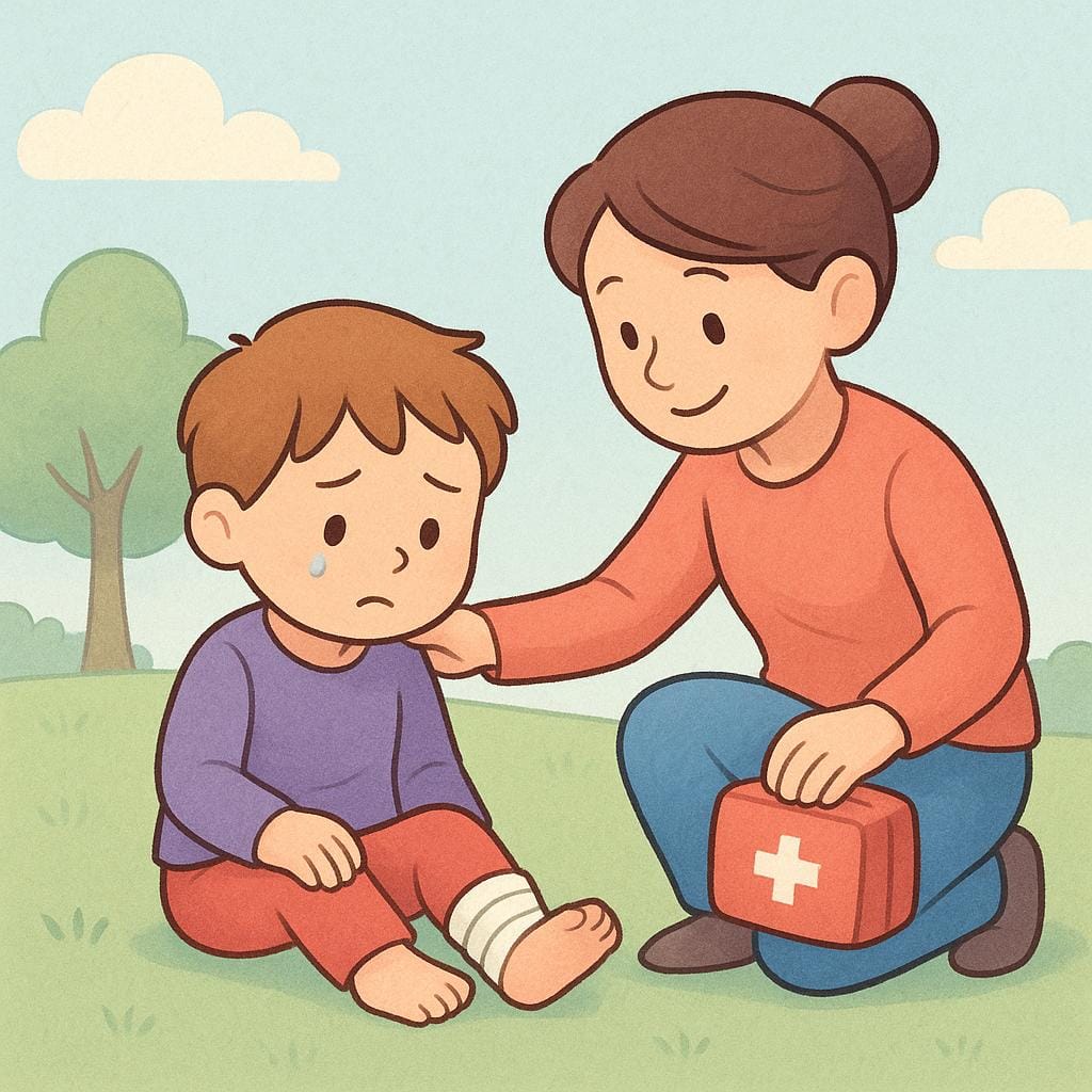 A simple illustration of a small, sad cartoon person sitting on the ground with a bandaged ankle, being comforted by a friendly adult character.