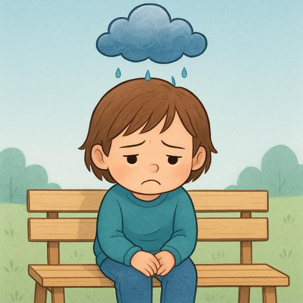 失望した様子の子供。その頭の真上に小さな孤立した雨雲が浮かんでおり、悲しみを象徴している。