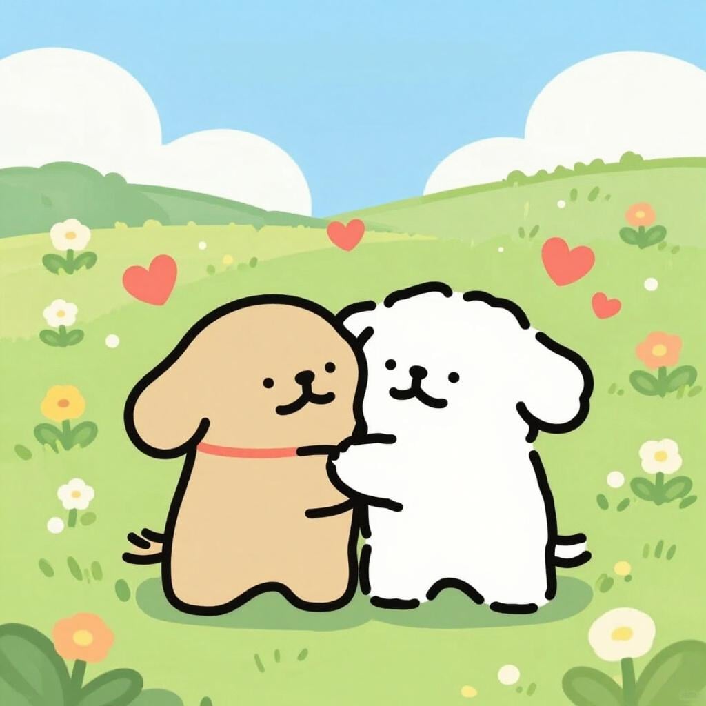 A warm hug between two cute characters in a field of flowers with floating hearts.