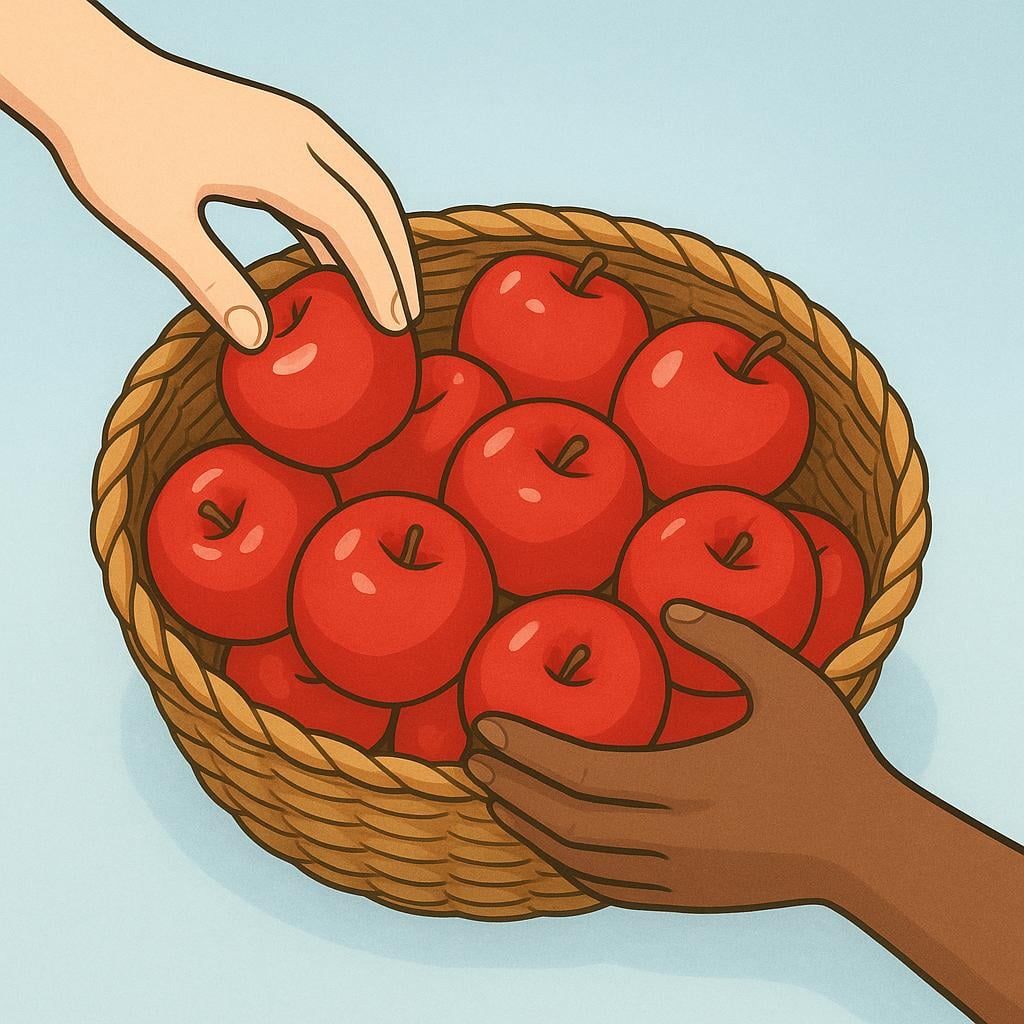 Two different hands, one light-skinned and one dark-skinned, simultaneously reaching into a woven basket overflowing with identical red apples, symbolizing something common and shared.