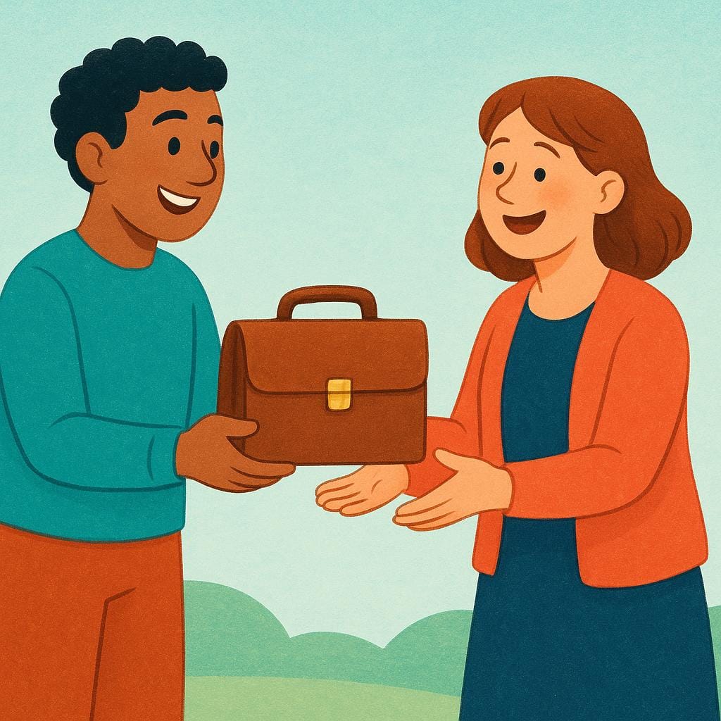 Uma ilustração mostrando uma pessoa sorridente entregando uma pequena pasta marrom, representando um emprego, a outra pessoa que parece aliviada e feliz.