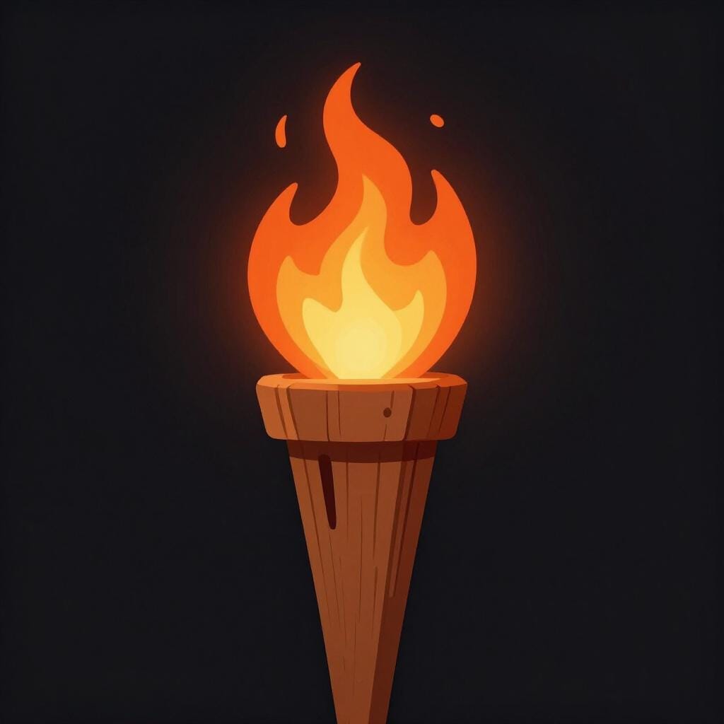A wooden torch with a bright orange and yellow flame at the top.