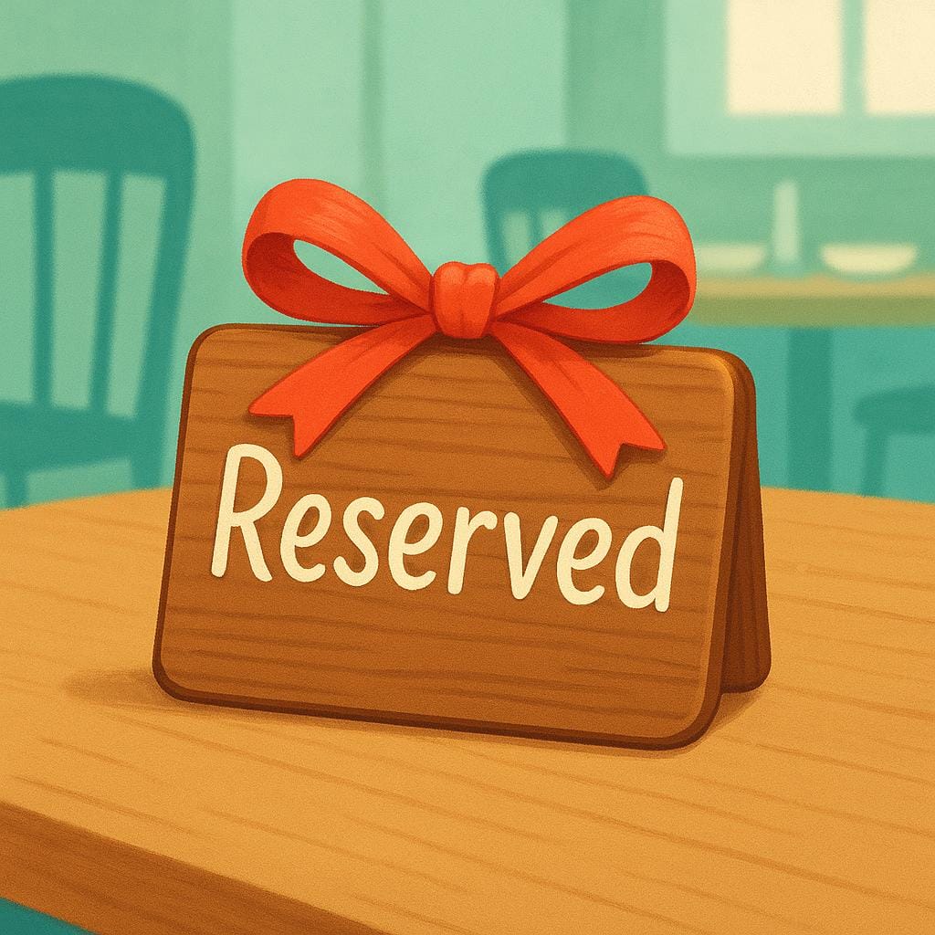 A small wooden sign placed on an empty table in a restaurant indicating the table is reserved.