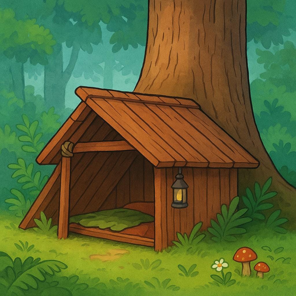 A simple wooden lean-to structure built against a large tree trunk in a vibrant green forest, providing a dry place of refuge.