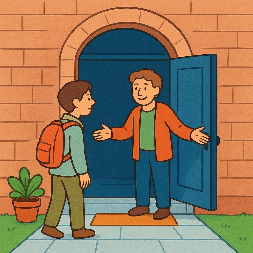 A person who has been traveling is being gently welcomed by a kind figure into a large, secure building, illustrating the concept of political protection or refuge.