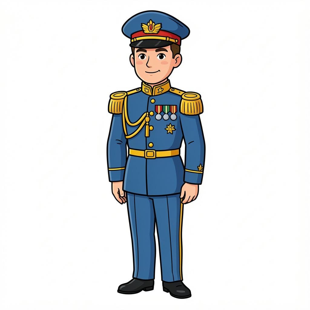 A high-ranking military officer in a formal blue uniform with gold medals and decorative epaulettes.