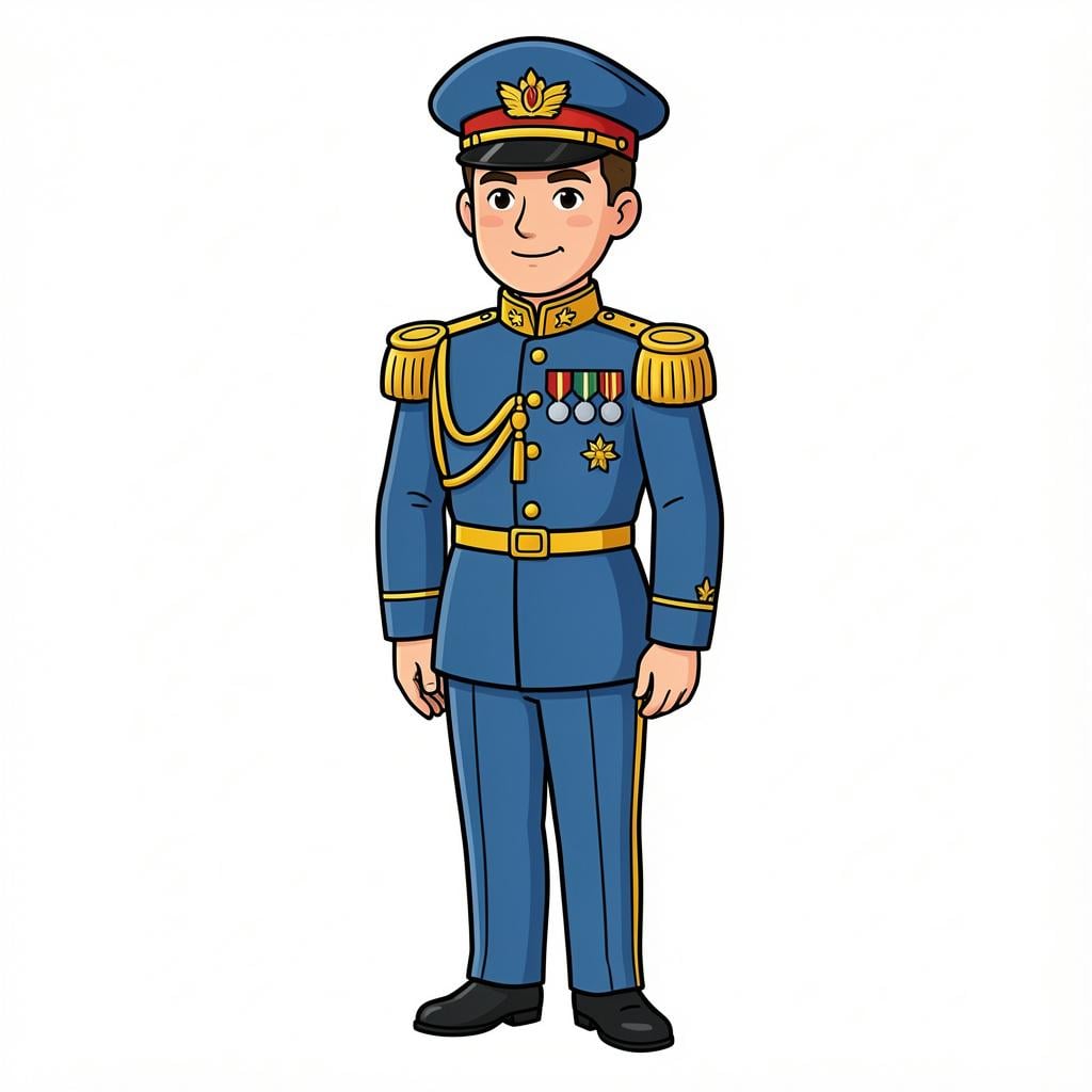 A high-ranking military officer in a formal blue uniform with gold medals and decorative epaulettes.