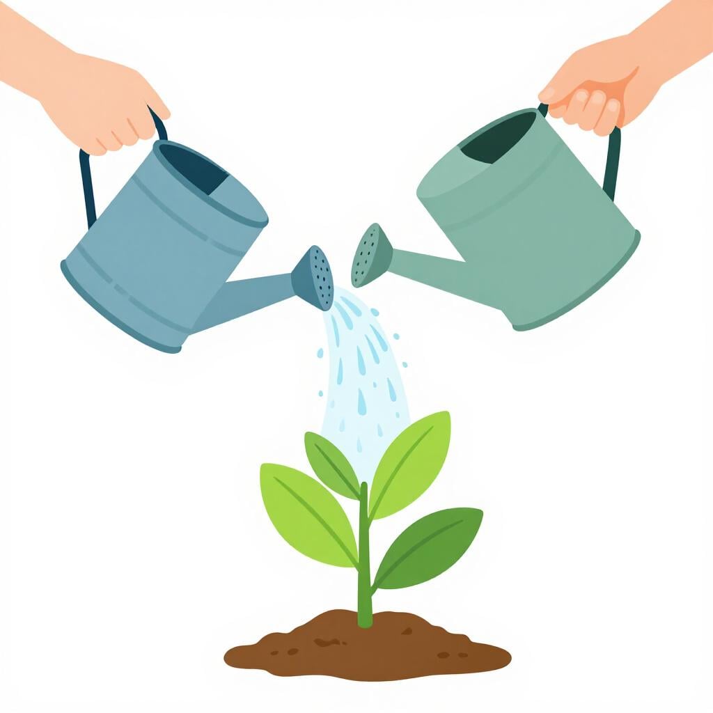 A small watering can pouring water onto a wilting plant, causing it to stand up straight and green.