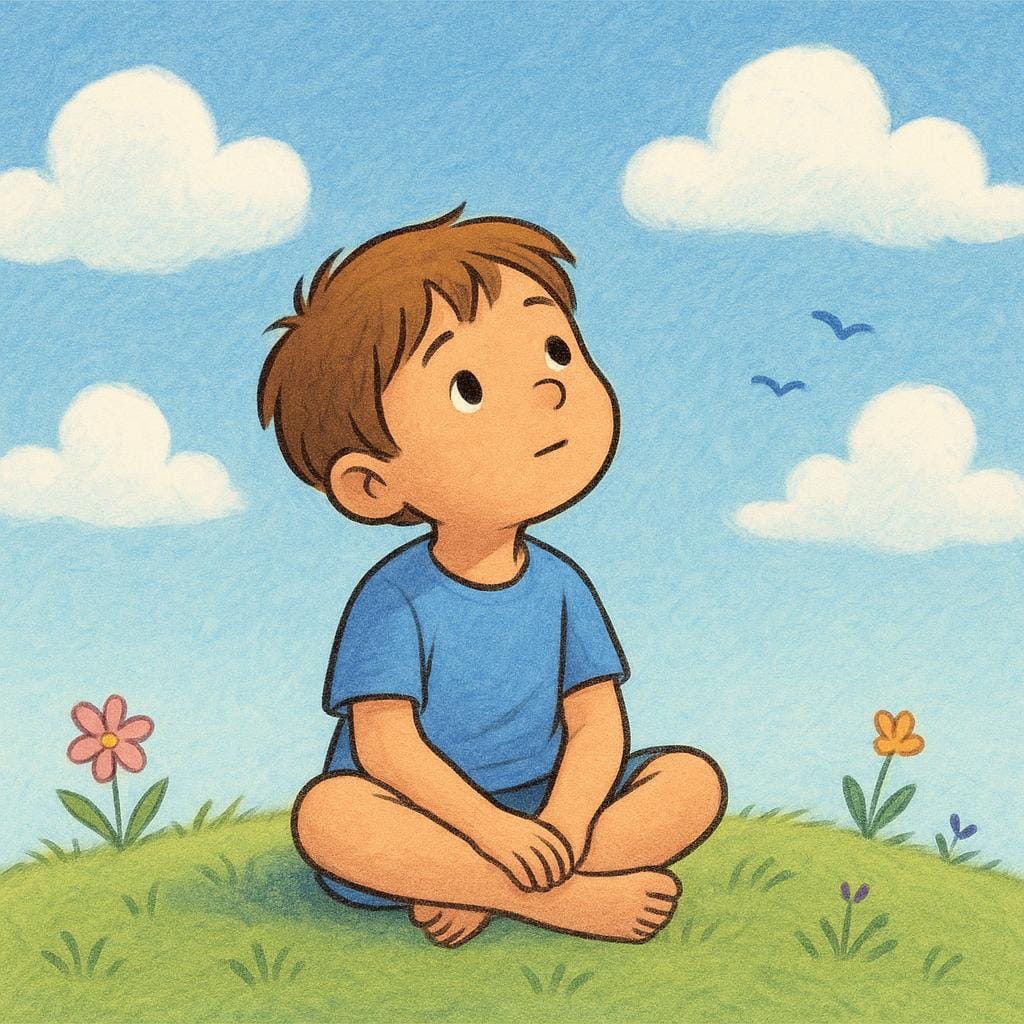 잔디 언덕에 홀로 앉아 십자 자세를 하고, 생각에 잠긴 표정으로 위를 바라보는 어린아이의 모습. 정신적 숙고를 나타냅니다.