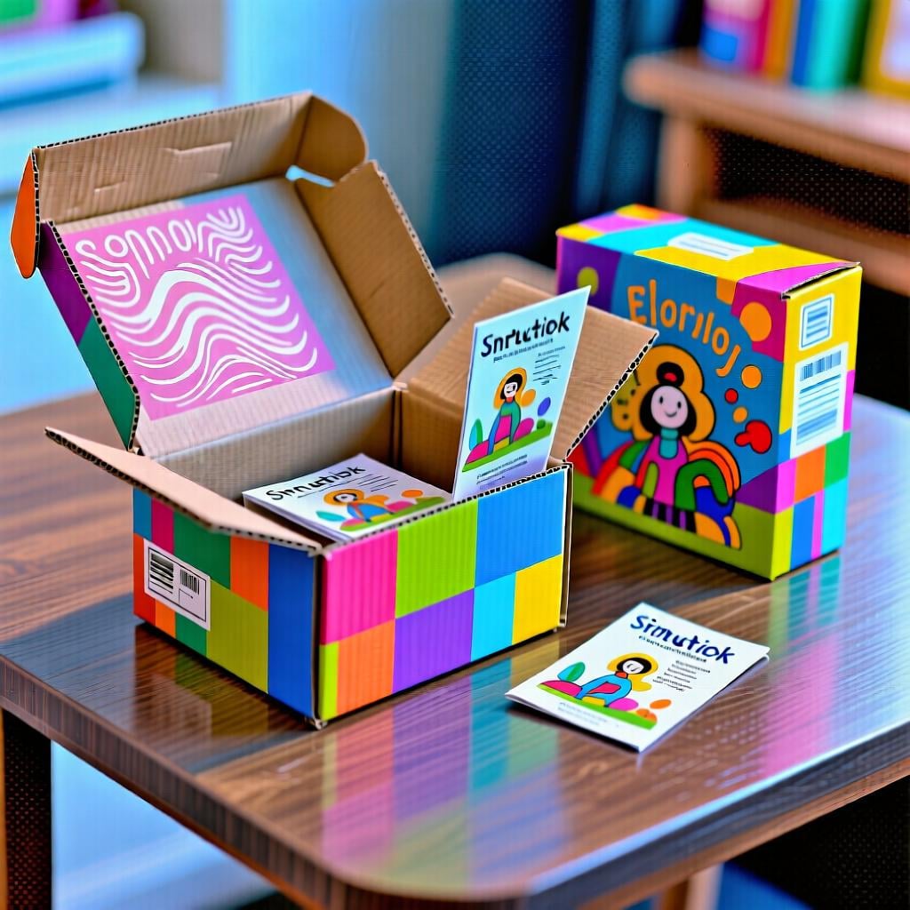 An open cardboard box showing a brightly colored instruction booklet and a product inside.