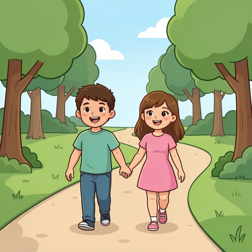 Two friends walking together down a sunny park path.